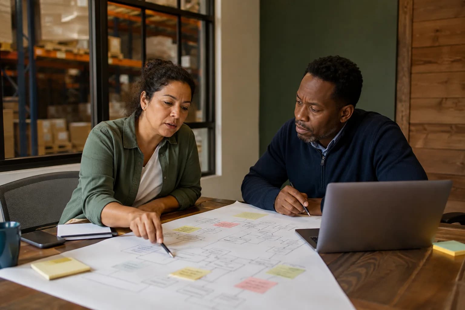Business owner and technology consultant mapping an operational workflow