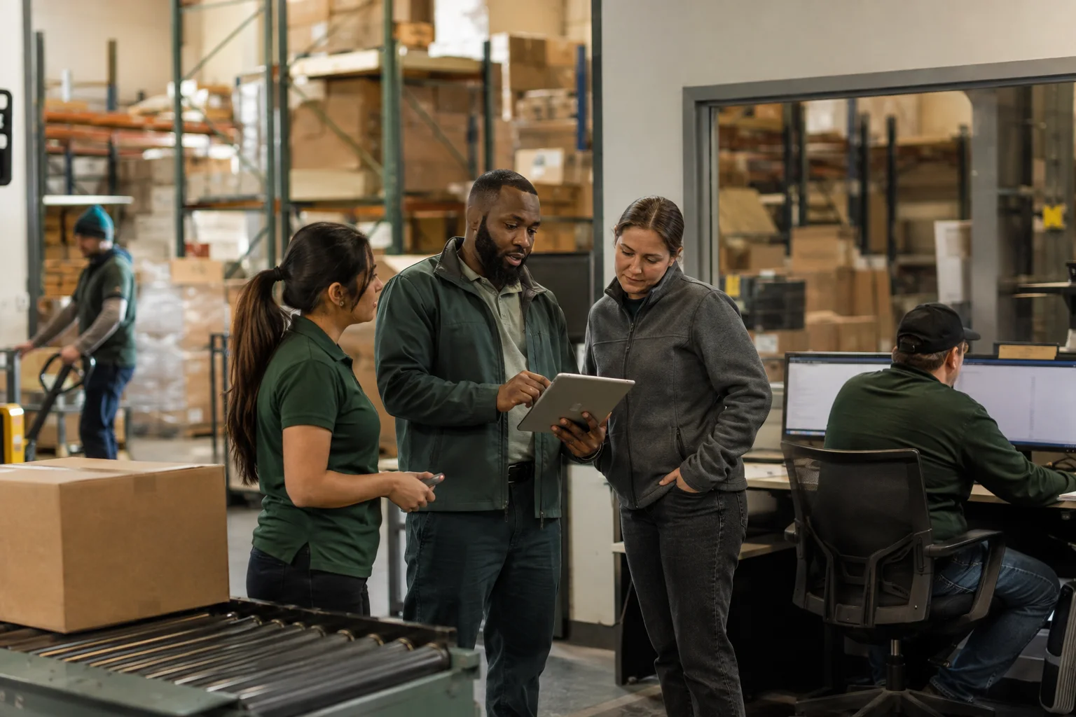 Operations team coordinating a warehouse and office handoff