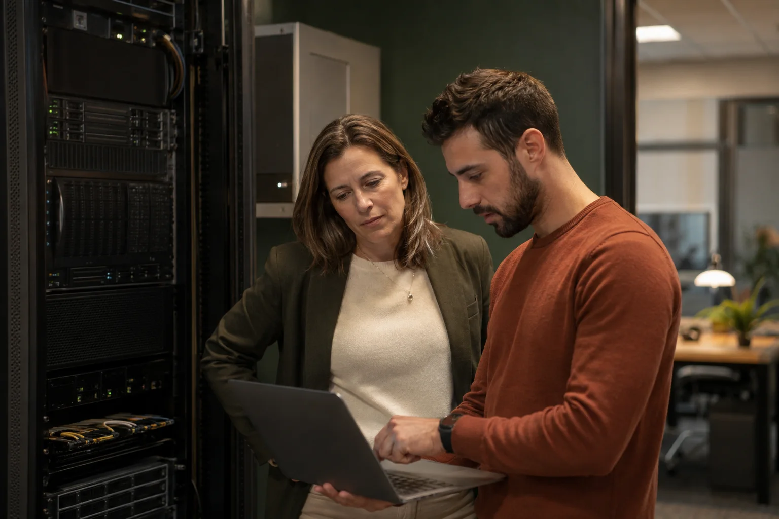 IT specialist and operations leader reviewing secure business computing equipment