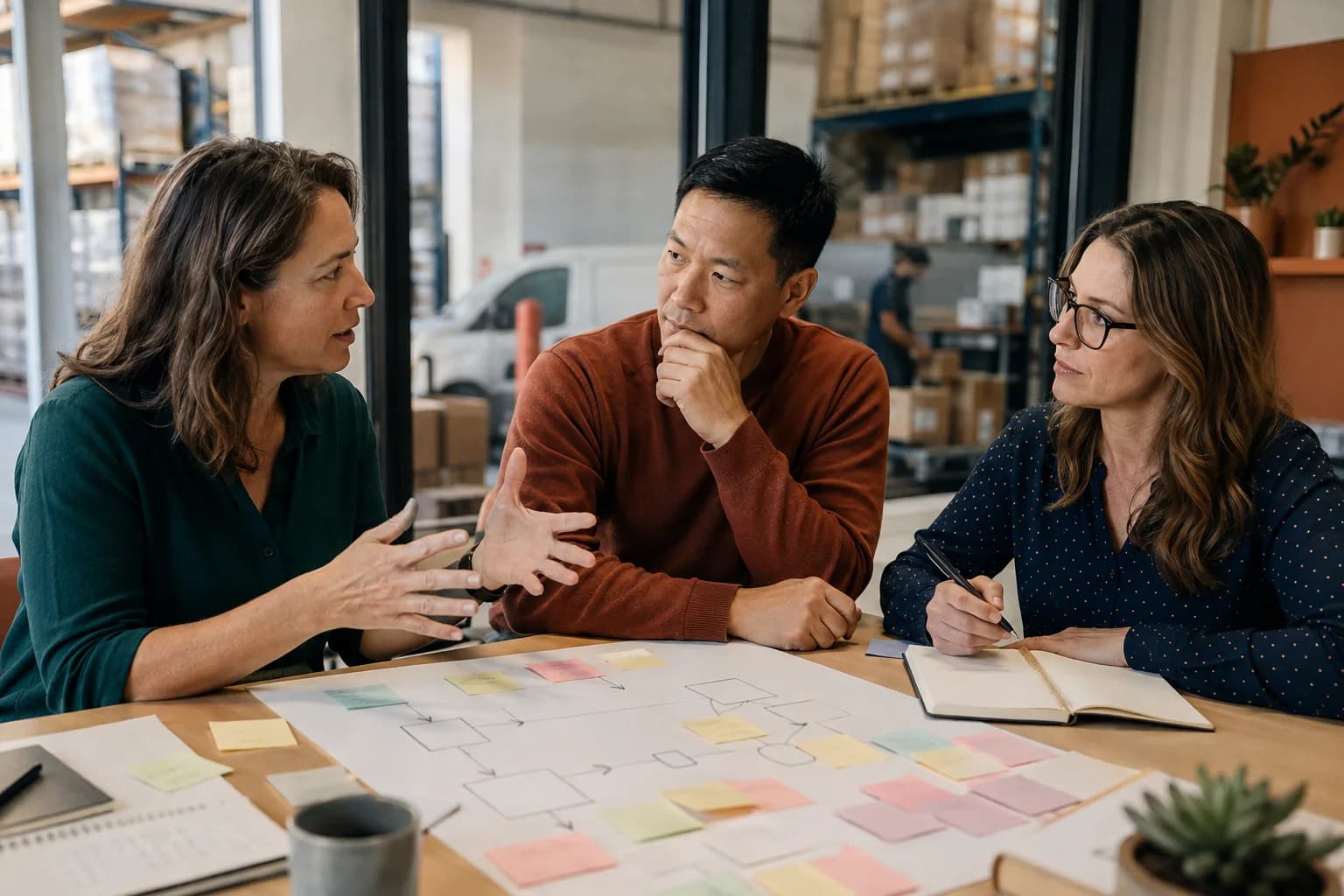 Operations team explaining and mapping a business workflow