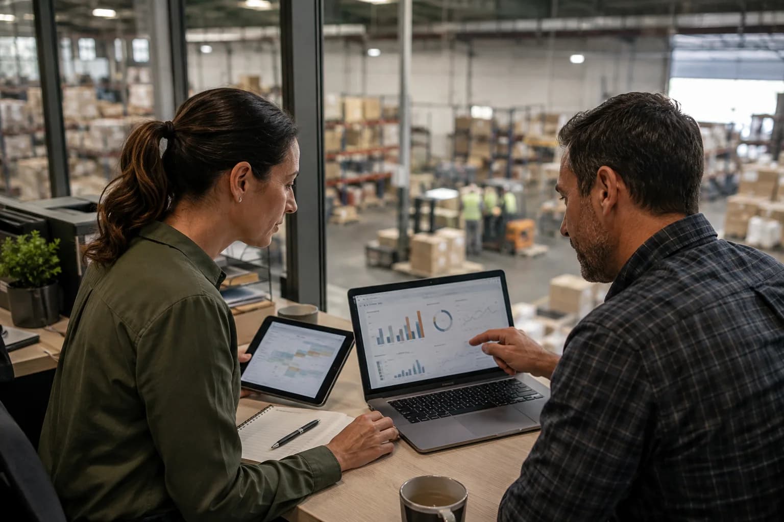 Operations leader and technology specialist reviewing connected business information