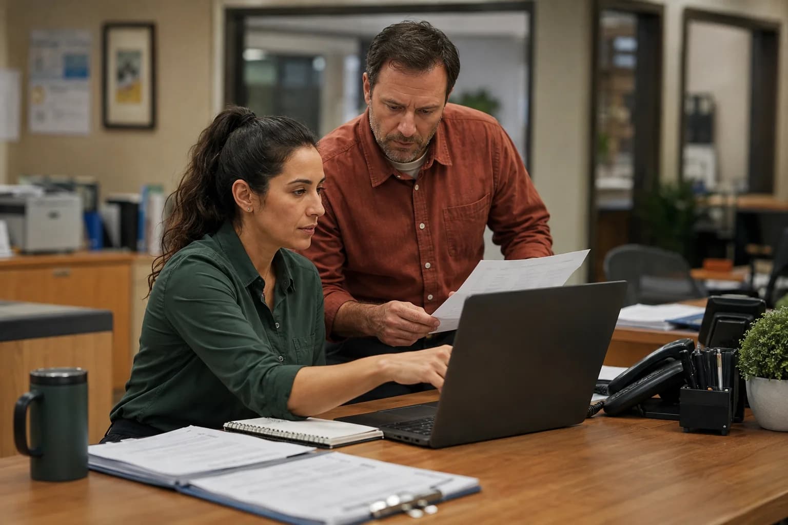 Employee and manager reviewing a prepared business action before approval