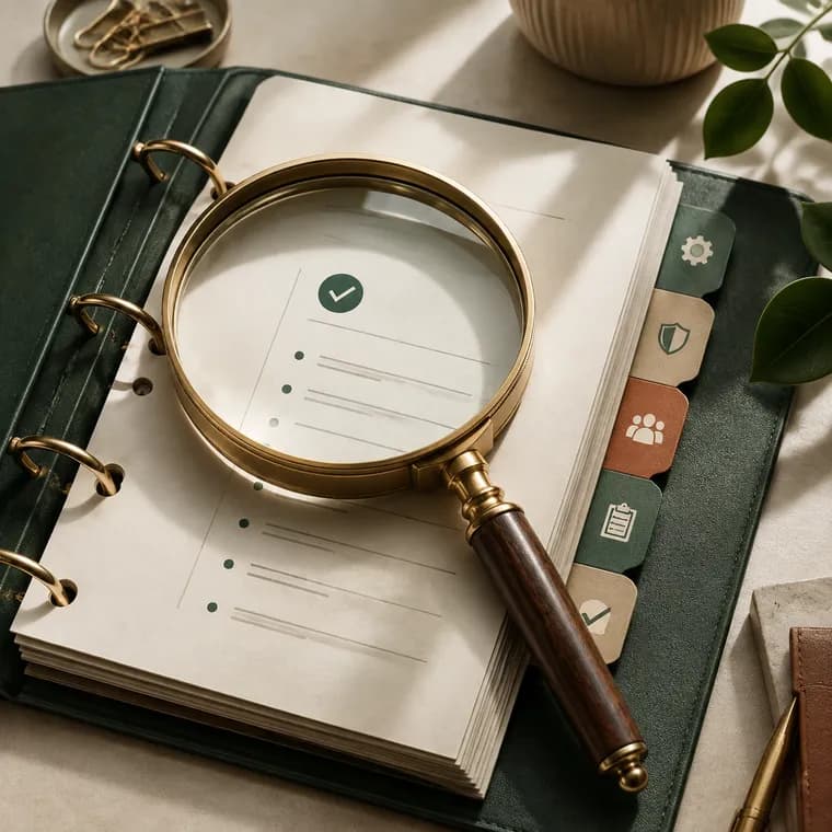 Magnifying glass focused on an approved procedure binder