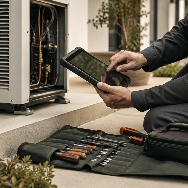 Field technician using a tablet beside service equipment