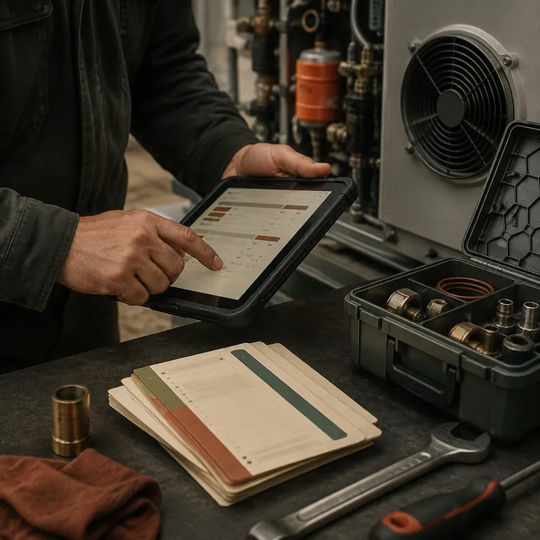 Field technician coordinating work with tools, parts, and a tablet
