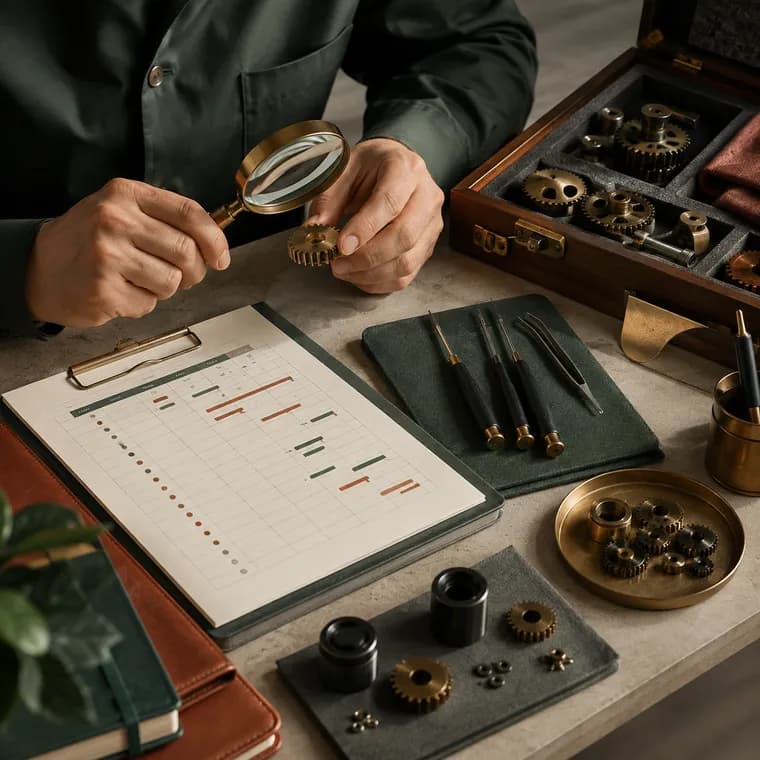 Specialist inspecting and maintaining precision system components
