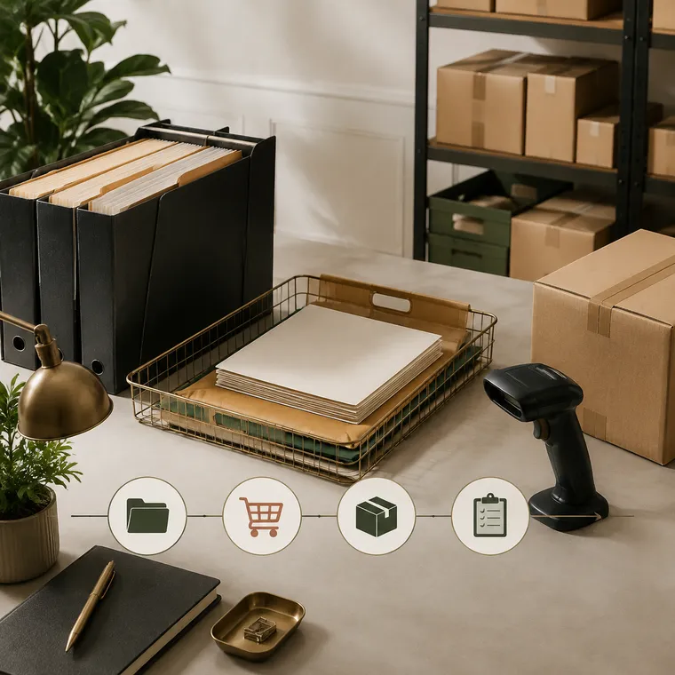 Purchase order, scanner, and inventory prepared for fulfillment
