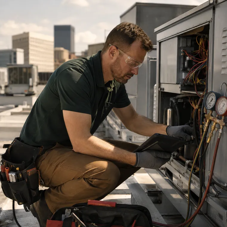 HVAC field technician servicing commercial equipment