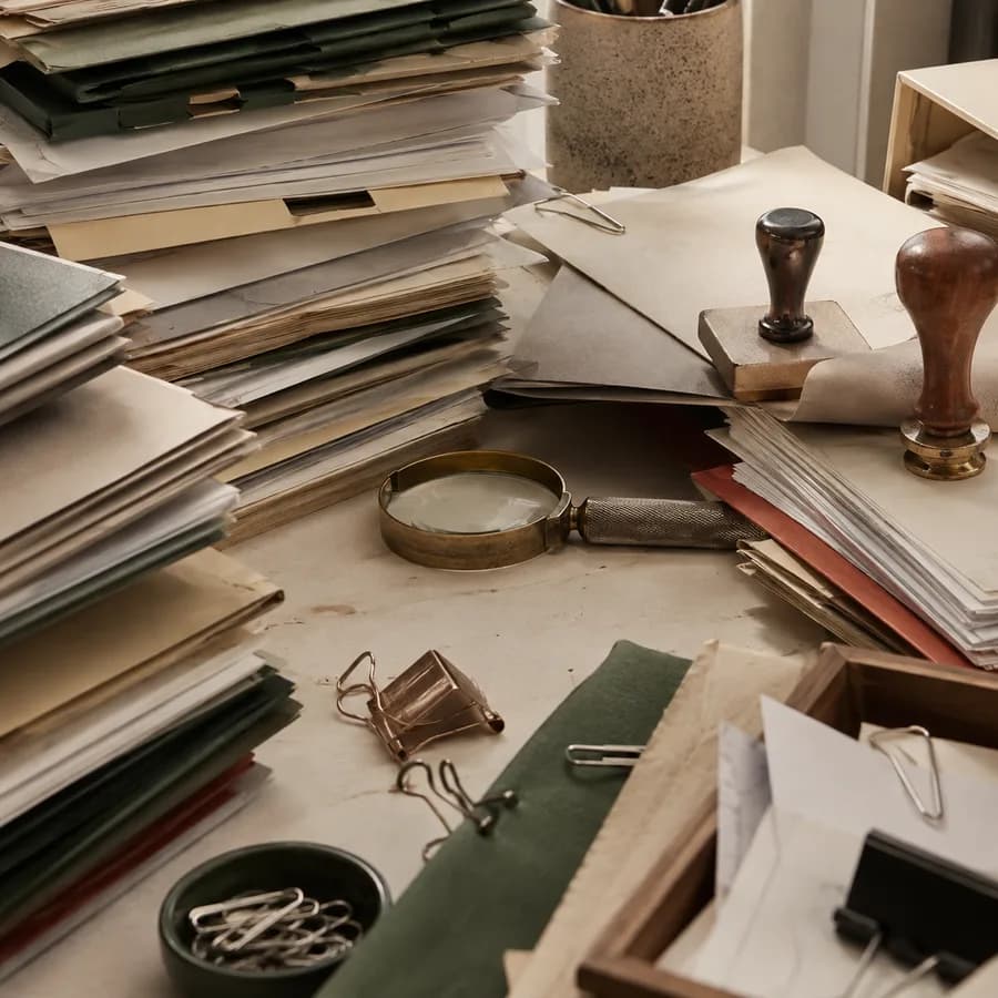 Skilled work tools surrounded by administrative paperwork