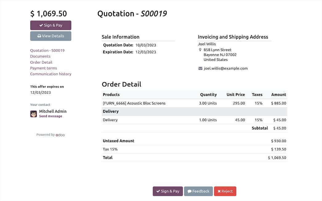 Odoo sales quotation and order workspace