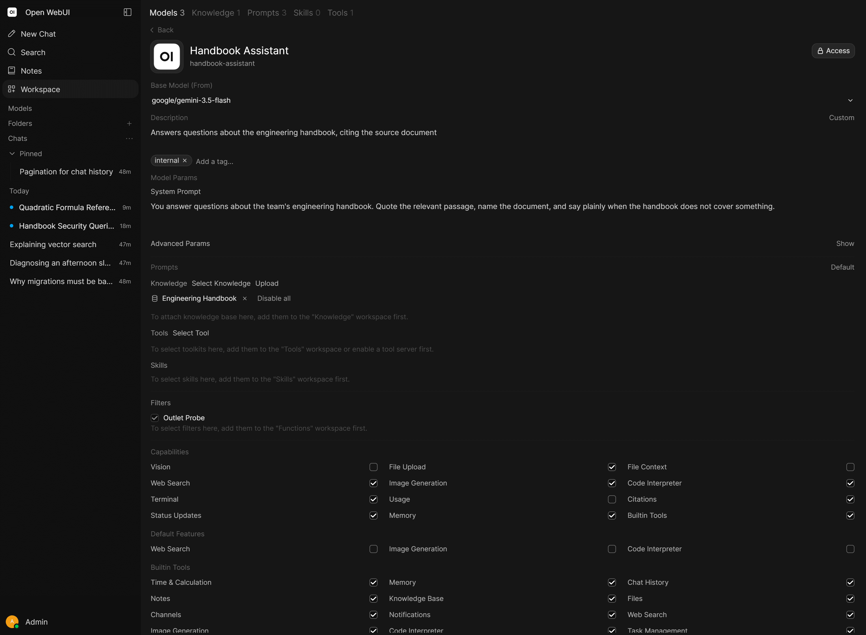 Open WebUI custom model configuration screen
