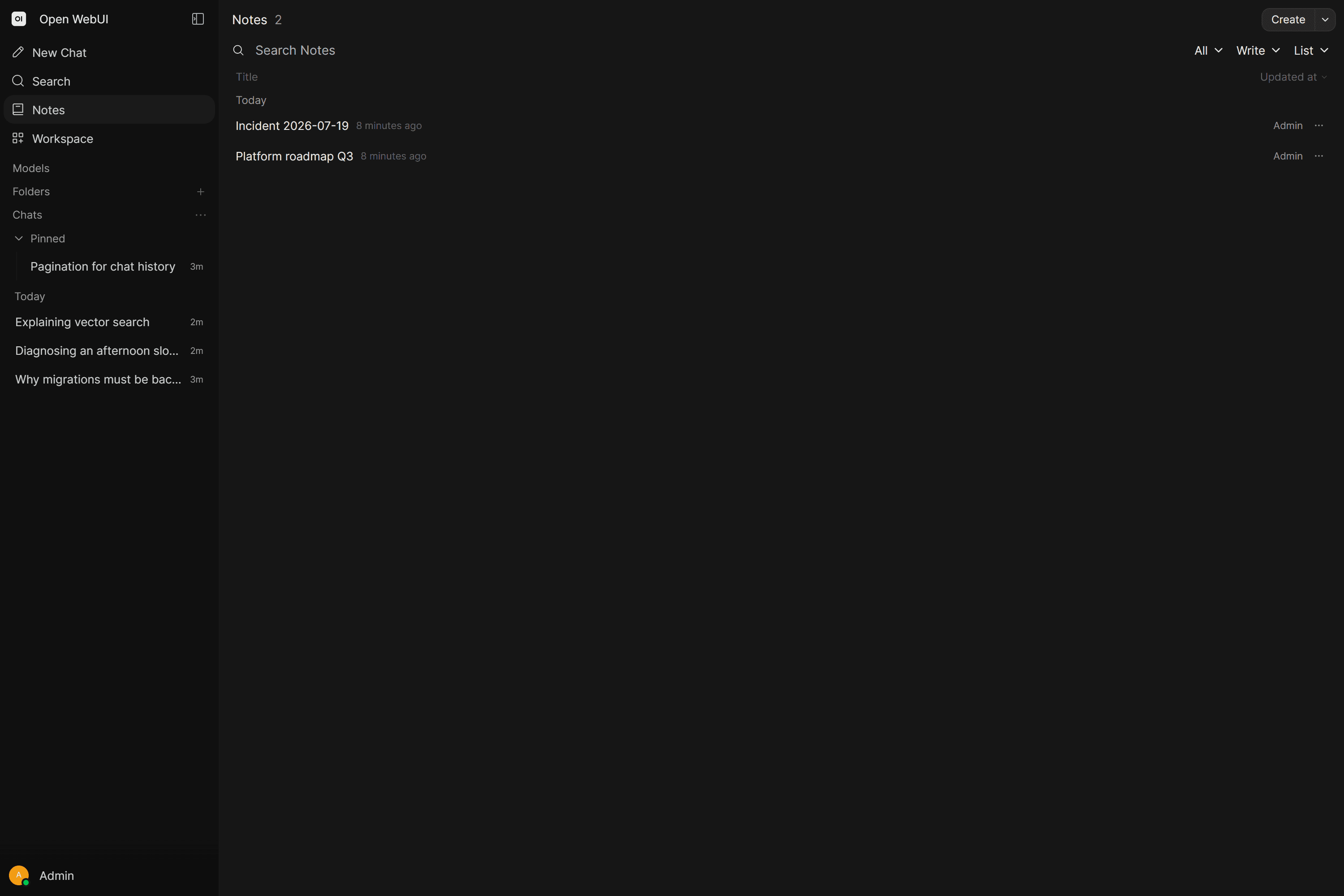 Open WebUI notes workspace