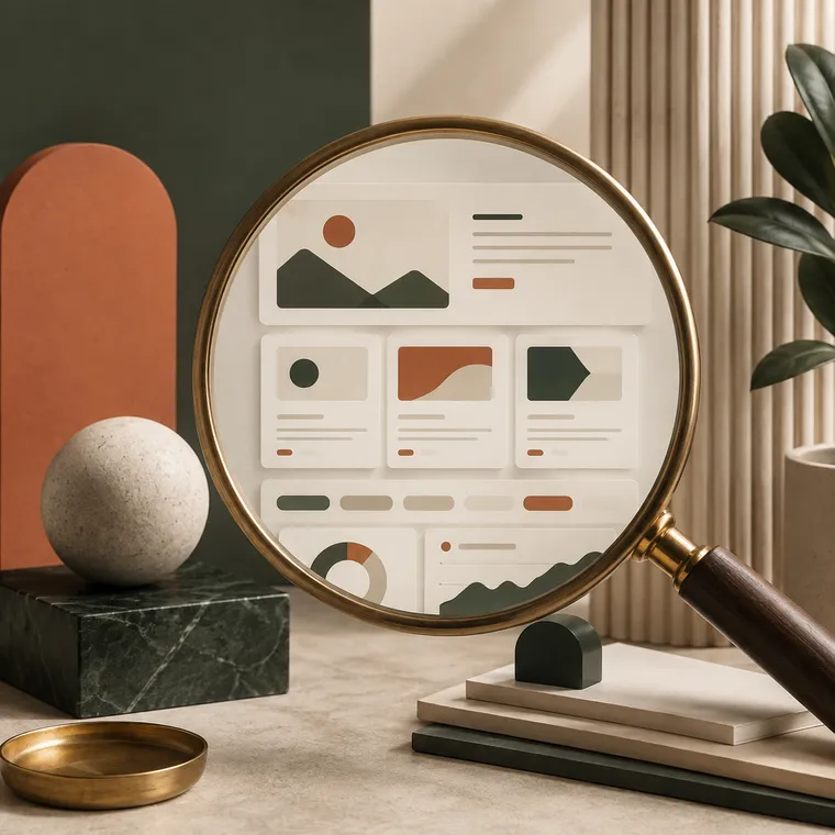 Magnifying glass revealing an organized website and analytics structure